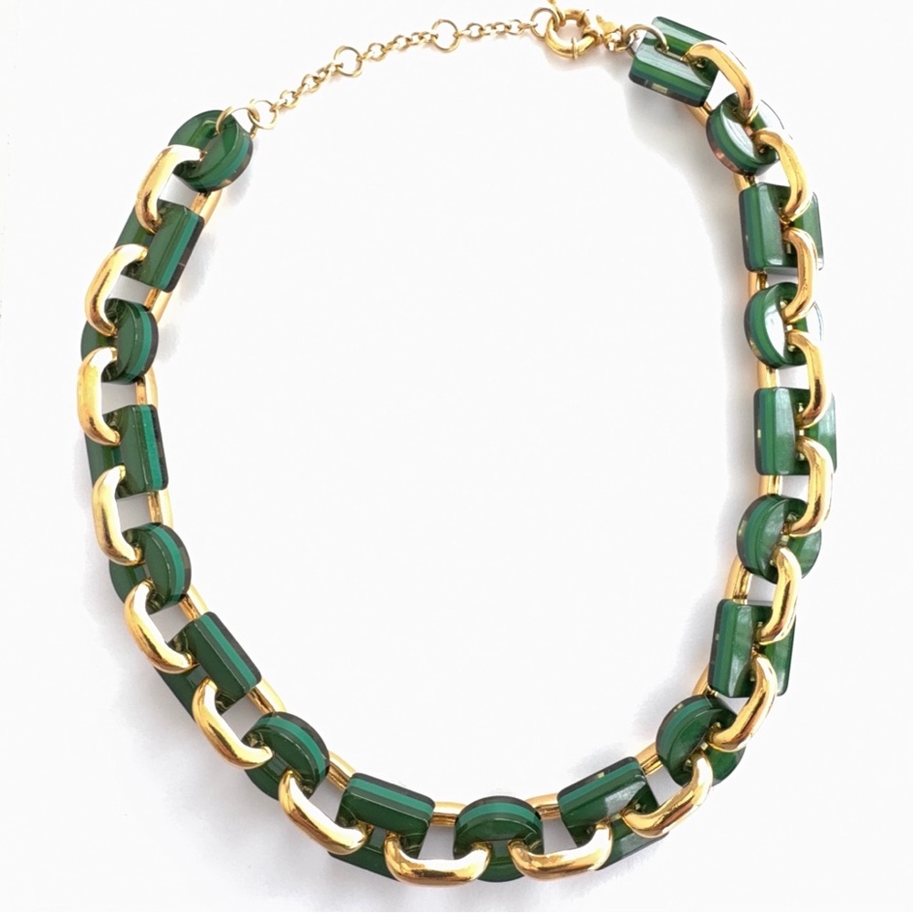 J. Crew Chunky Emerald Green and Gold Link Necklace